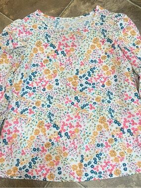 SHEIN White Floral Puff-Sleeve Blouse with Pink, Yellow & Blue Flowers
